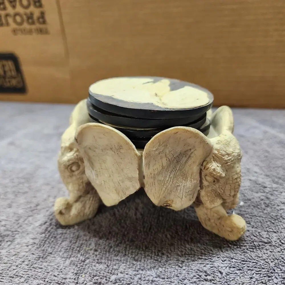 Set of 4 Stone coasters with African Elephant footed holder JJ